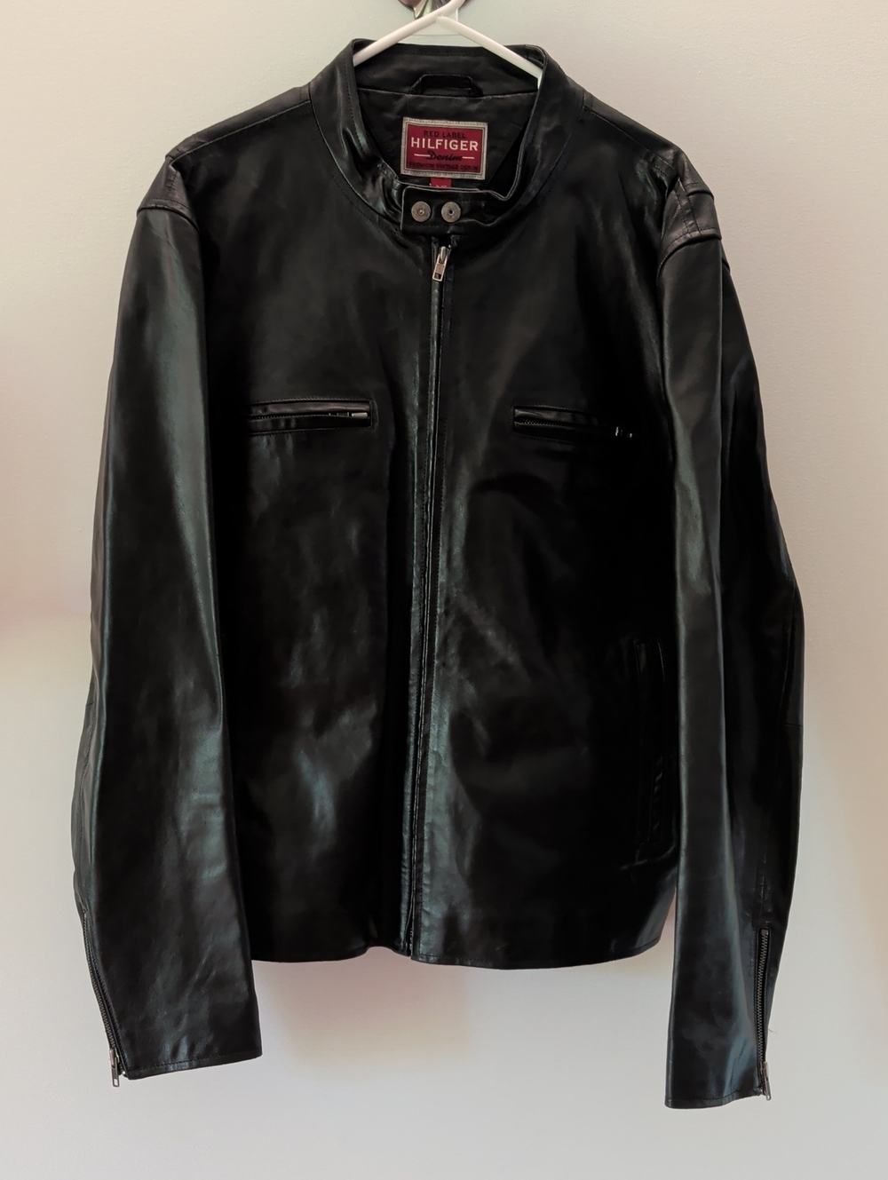 Vintage Tommy Hilfiger Red Label Heavy Leather Moto Cafe Racer Jacket Mens XL